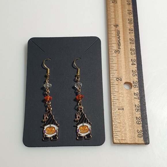 Handmade Halloween Gnome Pumpkin Bead Dangle Earrings Festive Jewelry By Donovan - Picture 3 of 4
